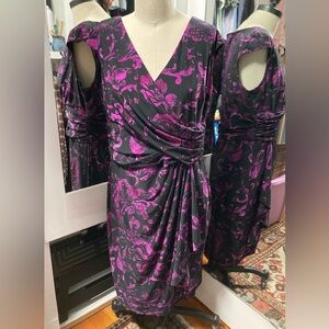 Chaps Black and Magenta Floral Print Faux Wrap Sleeveless Midi Dress, Size Large